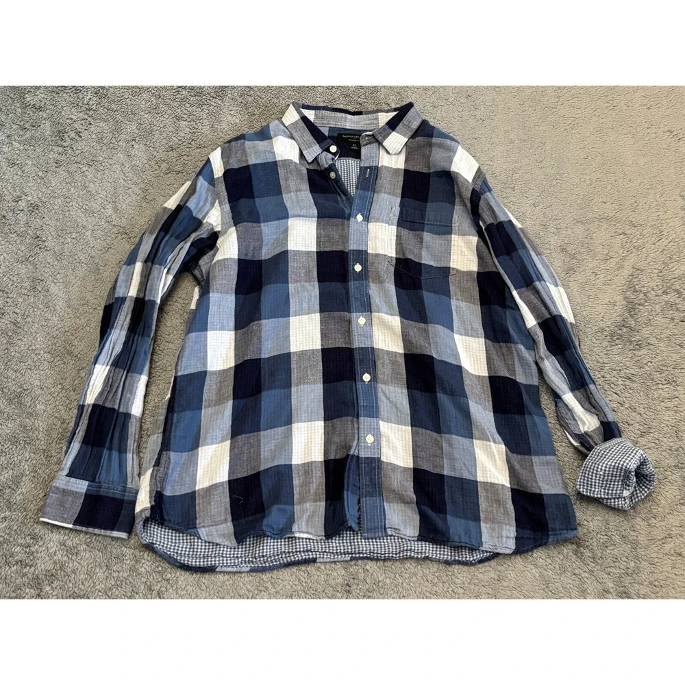 Banana Republic Flannel Shirt Mens XL Standard Fit Blue White Plaid Flip Cuff